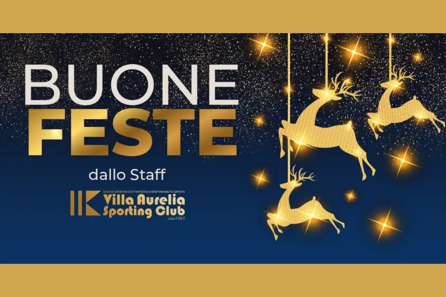 Auguri di buone feste con decorazioni natalizie e messaggio del Villa Aurelia Sporting Club