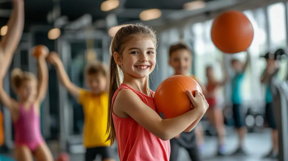 Bambini durante attività motoria in palestra con palloni per sviluppo fisico e coordinazione