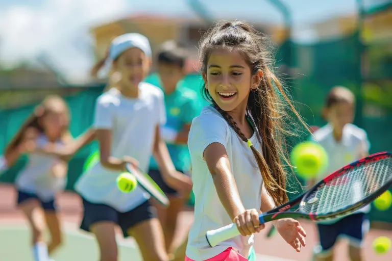 Bambini che giocano a tennis durante attività sportiva in età prescolare per sviluppo motorio e coordinazione